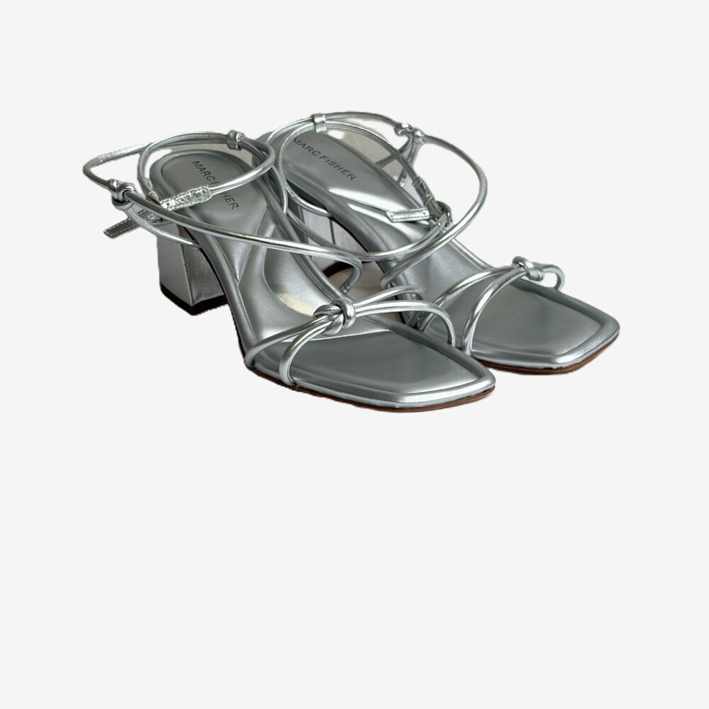 NWT Marc Fisher Gurion Silver Block Heel Sandals 9.5 Metallic Ankle Strap Party - Picture 13 of 13